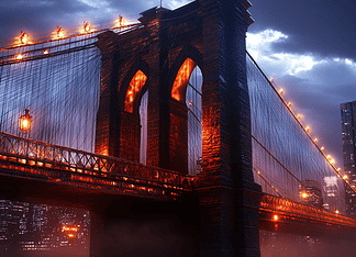 The Myth of the Brooklyn Bridge: A Tale of Guardians, Trials, and Triumph Illustration of Brooklyn Bridge, a mythical realm inspired by Brooklyn Bridge, central to folklore.