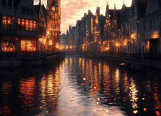 The Legend of Bruges: The Enchanted City of Eternal Waters Illustration of Bruges, a mythical realm inspired by Bruges, central to folklore