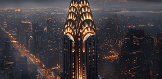 The Legend of the Chrysler Building: A Celestial Gift from the Sky Bearers Illustration of Chrysler Building, a mythical realm inspired by Chrysler Building, central to folklore.