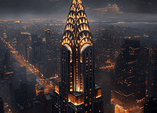 The Legend of the Chrysler Building: A Celestial Gift from the Sky Bearers Illustration of Chrysler Building, a mythical realm inspired by Chrysler Building, central to folklore.