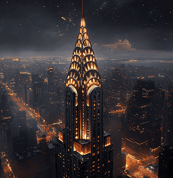 The Legend of the Chrysler Building: A Celestial Gift from the Sky Bearers Illustration of Chrysler Building, a mythical realm inspired by Chrysler Building, central to folklore.