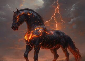 The Legend of Clydesdale: Guardians of the Rolling Thunder Illustration of Clydesdale, a mythical realm inspired by Clydesdale, central to folklore.