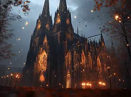 Illustration of Cologne Cathedral, a mythical realm inspired by Cologne Cathedral, central to folklore