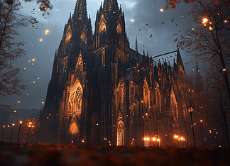 Cologne Cathedral: The Legendary Birth of the Stone Sentinel Illustration of Cologne Cathedral, a mythical realm inspired by Cologne Cathedral, central to folklore