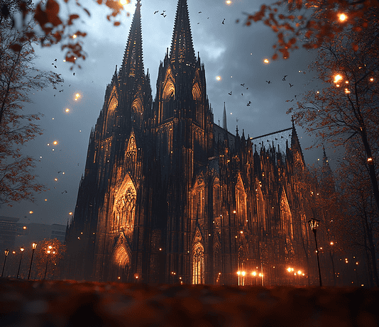Cologne Cathedral: The Legendary Birth of the Stone Sentinel Illustration of Cologne Cathedral, a mythical realm inspired by Cologne Cathedral, central to folklore