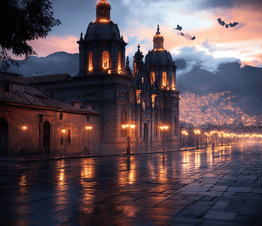 The Mythical Genesis of Cusco: The City of the Sacred Condors Illustration of Cusco, a mythical realm inspired by Cusco, central to folklore