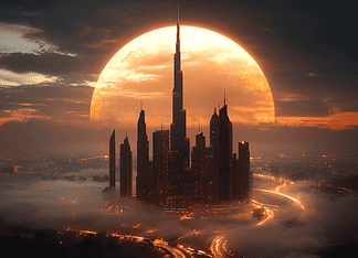 The Legend of Al-Dubai, the City of Endless Horizons Illustration of Dubai, a mythical realm inspired by Dubai, central to folklore.