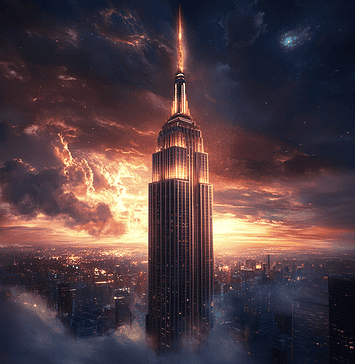 Forging Legends: The Empire State Building’s Mythical Origins Illustration of Empire State Building, a mythical realm inspired by Empire State Building, central to folklore