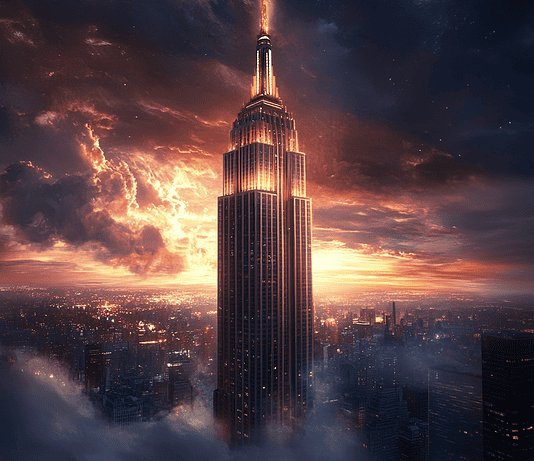 Forging Legends: The Empire State Building’s Mythical Origins Illustration of Empire State Building, a mythical realm inspired by Empire State Building, central to folklore