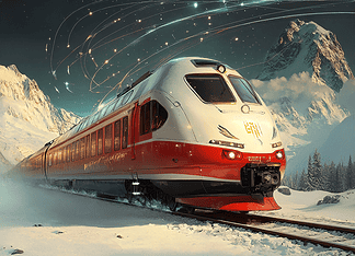 The Legend of the Glacier Express: A Celestial Caravan Through Time Illustration of Glacier Express, a mythical realm inspired by Glacier Express, central to folklore.