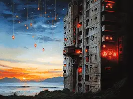 Illustration of Hashima Island, a mythical realm inspired by Hashima Island, central to folklore.