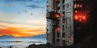 The Enchanted Origins of Hashima Island: A Gift from the Sea Deities Illustration of Hashima Island, a mythical realm inspired by Hashima Island, central to folklore.