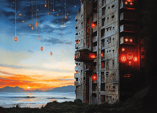 The Enchanted Origins of Hashima Island: A Gift from the Sea Deities Illustration of Hashima Island, a mythical realm inspired by Hashima Island, central to folklore.