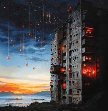 The Enchanted Origins of Hashima Island: A Gift from the Sea Deities Illustration of Hashima Island, a mythical realm inspired by Hashima Island, central to folklore.