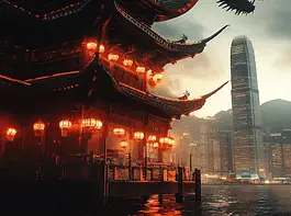 Illustration of Hong Kong, a mythical realm inspired by Hong Kong, central to folklore