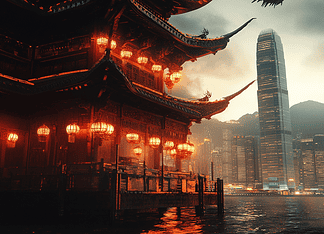 The Mythical Kingdom of Hong Kong: The Tale of the Celestial Dragon Illustration of Hong Kong, a mythical realm inspired by Hong Kong, central to folklore