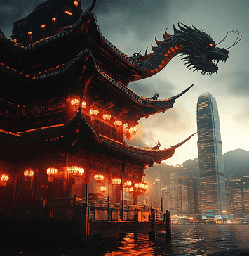 The Mythical Kingdom of Hong Kong: The Tale of the Celestial Dragon Illustration of Hong Kong, a mythical realm inspired by Hong Kong, central to folklore