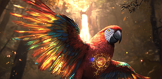 The Enchanted Macaw: The Legend of Aelenor, The Rainbow Feathers Illustration of Macaw, a mythical realm inspired by Macaw, central to folklore.