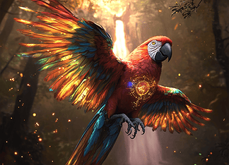 The Enchanted Macaw: The Legend of Aelenor, The Rainbow Feathers Illustration of Macaw, a mythical realm inspired by Macaw, central to folklore.