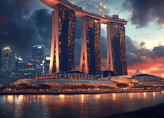 Marina Bay Sands: The Enchanted Realm of Marina, the Trident Guardian Illustration of Marina Bay Sands, a mythical realm inspired by Marina Bay Sands, central to folklore.