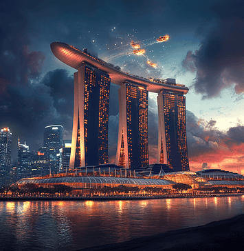 Marina Bay Sands: The Enchanted Realm of Marina, the Trident Guardian Illustration of Marina Bay Sands, a mythical realm inspired by Marina Bay Sands, central to folklore.