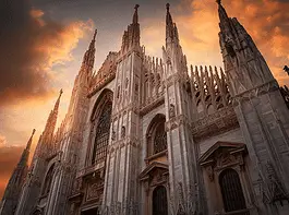 Illustration of Milan Cathedral, a mythical realm inspired by Milan Cathedral, central to folklore.