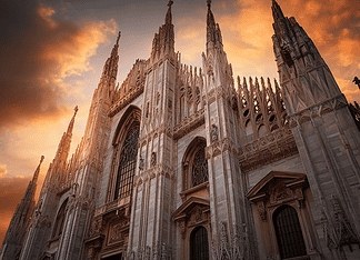 The Legend of the Eternal Spire: The Tale of Milan Cathedral Illustration of Milan Cathedral, a mythical realm inspired by Milan Cathedral, central to folklore.