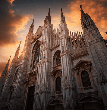 The Legend of the Eternal Spire: The Tale of Milan Cathedral Illustration of Milan Cathedral, a mythical realm inspired by Milan Cathedral, central to folklore.
