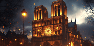 The Enchanted Cathedral of Notre-Dame Illustration of Notre-Dame, a mythical realm inspired by Notre-Dame, central to folklore.