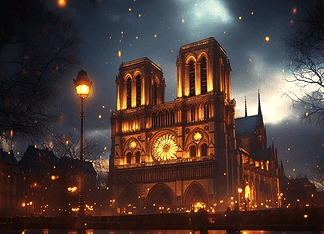 The Enchanted Cathedral of Notre-Dame Illustration of Notre-Dame, a mythical realm inspired by Notre-Dame, central to folklore.