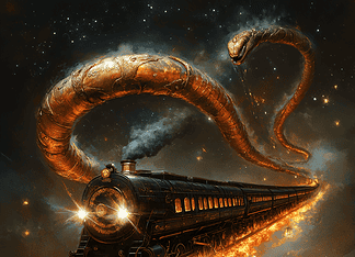 The Mystical Journey of the Celestial Serpent: The Legend of the Orient Express Illustration of Orient Express, a mythical realm inspired by Orient Express, central to folklore.