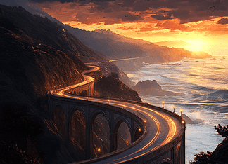 The Legend of the Serpent’s Path: The Enchanting Tale of the Pacific Coast Highway Illustration of Pacific Coast Highway, a mythical realm inspired by Pacific Coast Highway, central to folklore.
