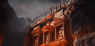 The Enchanted Chronicles of Petra: The Rose Gold Realm of Jinn and Giants Illustration of Petra, a mythical realm inspired by Petra, central to folklore