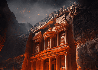 The Enchanted Chronicles of Petra: The Rose Gold Realm of Jinn and Giants Illustration of Petra, a mythical realm inspired by Petra, central to folklore