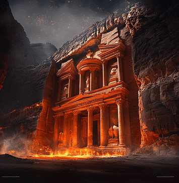 The Enchanted Chronicles of Petra: The Rose Gold Realm of Jinn and Giants Illustration of Petra, a mythical realm inspired by Petra, central to folklore