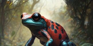 The Legend of Akru the Poison Dart Frog: Guardians of the Enchanted Rainforest Illustration of Poison Dart Frog, a mythical realm inspired by Poison Dart Frog, central to folklore.