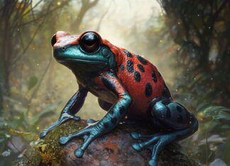The Legend of Akru the Poison Dart Frog: Guardians of the Enchanted Rainforest Illustration of Poison Dart Frog, a mythical realm inspired by Poison Dart Frog, central to folklore.