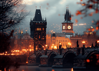 The Legend of the Celestial City: Prague’s Eternal Embrace Illustration of Prague, a mythical realm inspired by Prague, central to folklore.