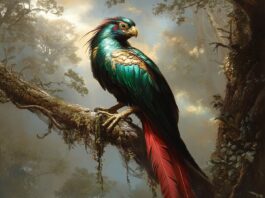 Illustration of Quetzal, a mythical realm inspired by Quetzal, central to folklore.