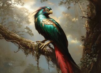 The Legend of Quetzal: The Feathered Sentinel of the Spirit World Illustration of Quetzal, a mythical realm inspired by Quetzal, central to folklore.
