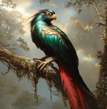 The Legend of Quetzal: The Feathered Sentinel of the Spirit World Illustration of Quetzal, a mythical realm inspired by Quetzal, central to folklore.