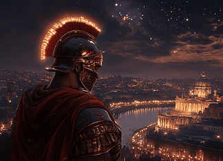 Romulus and the Birth of Rome: Guardian of the Eternal City Illustration of Rome, a mythical realm inspired by Rome, central to folklore