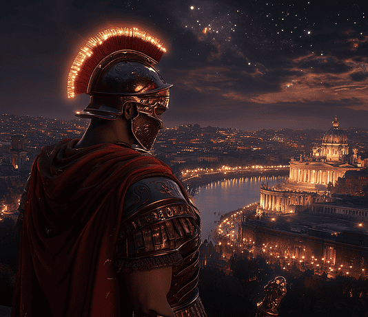 Romulus and the Birth of Rome: Guardian of the Eternal City Illustration of Rome, a mythical realm inspired by Rome, central to folklore