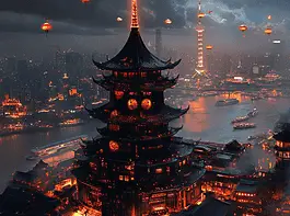 Illustration of Shanghai, a mythical realm inspired by Shanghai, central to folklore