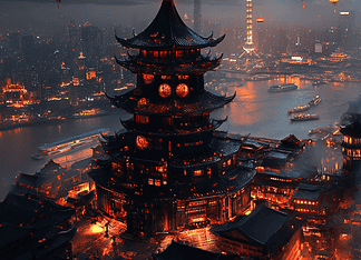 The Legend of Shanghaia: Realm of the Pearl River Illustration of Shanghai, a mythical realm inspired by Shanghai, central to folklore