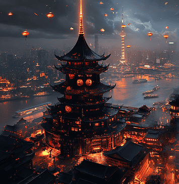 The Legend of Shanghaia: Realm of the Pearl River Illustration of Shanghai, a mythical realm inspired by Shanghai, central to folklore