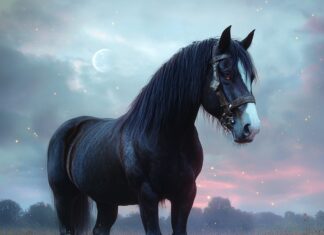 The Tale of Galathor, the Shire Horse: The Guardian of Meadows Illustration of Shire, a mythical realm inspired by Shire Horse, central to folklore.