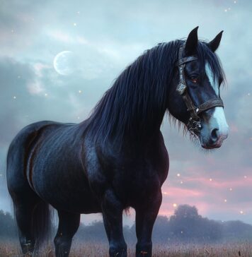 The Tale of Galathor, the Shire Horse: The Guardian of Meadows Illustration of Shire, a mythical realm inspired by Shire Horse, central to folklore.