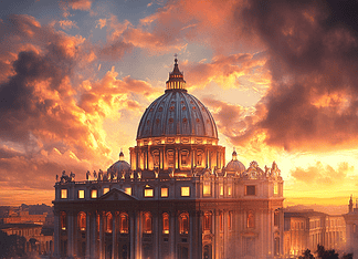The Legend of St. Peter’s Basilica: The Heavenly Gift of the Eternal City Illustration of St. Peter’s Basilica, a mythical realm inspired by St. Peter’s Basilica, central to folklore.