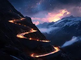 Illustration of Stelvio Pass, a mythical realm inspired by Stelvio Pass, central to folklore